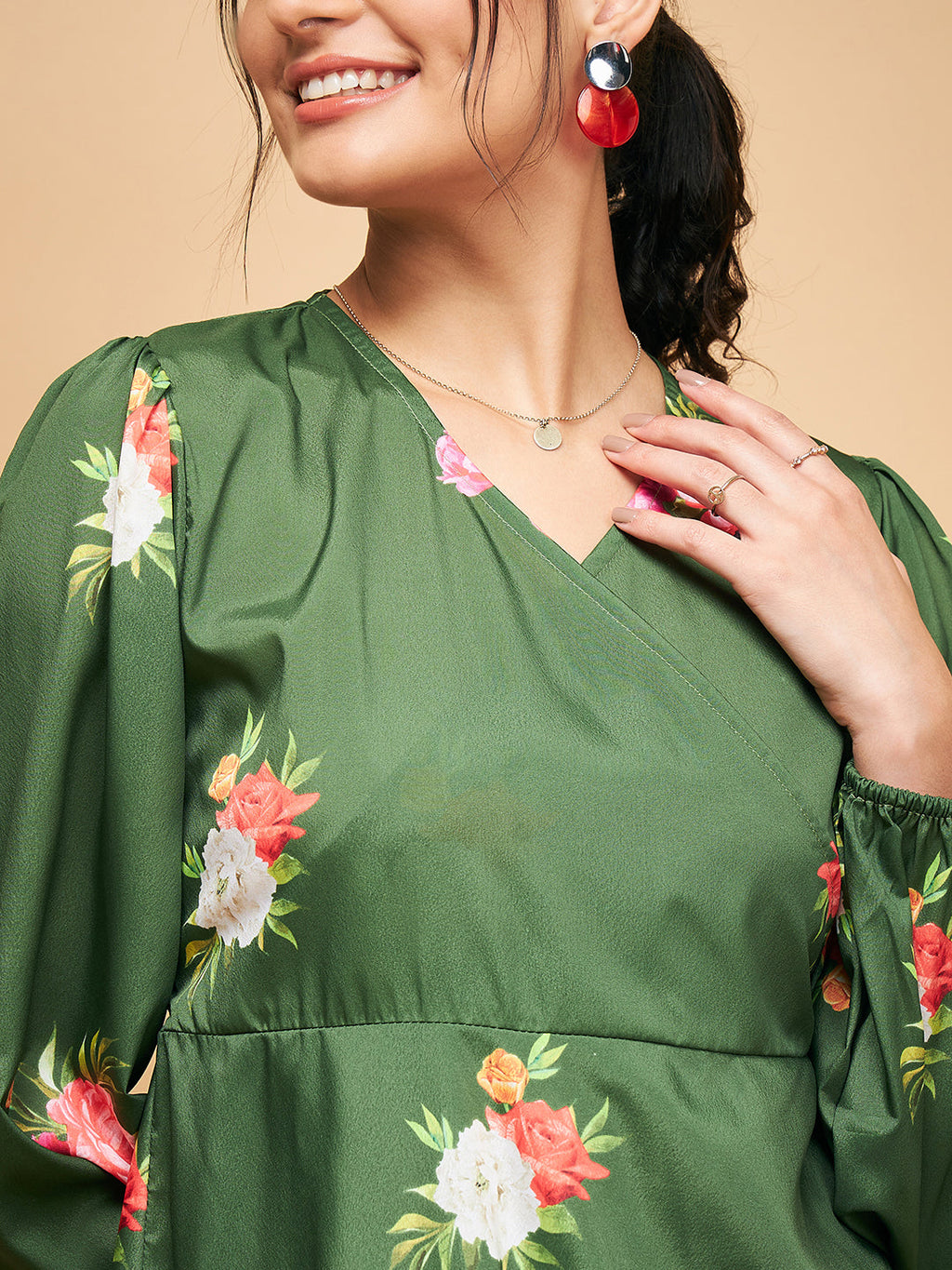 InWeave Women's Green Small Flower Belted Dress