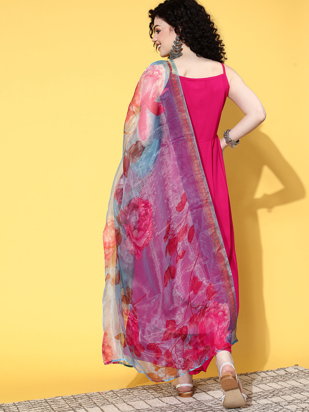 InWeave Strappy Set In Fuchsia With Blue Fuchsia Organza Dupatta