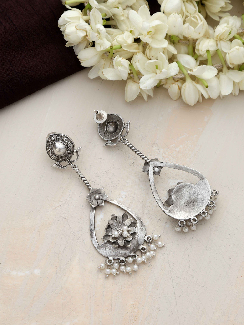 trueBrowns Silver Tone Floral Chandbaali Earrings