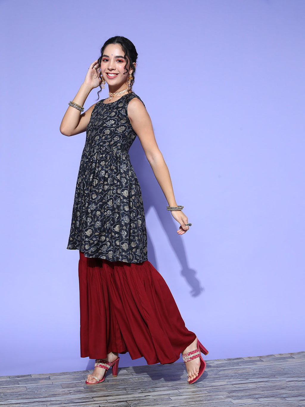 InWeave Women's Blue Printed Kurta Sharara Set With Burgundy Organza Dupatta