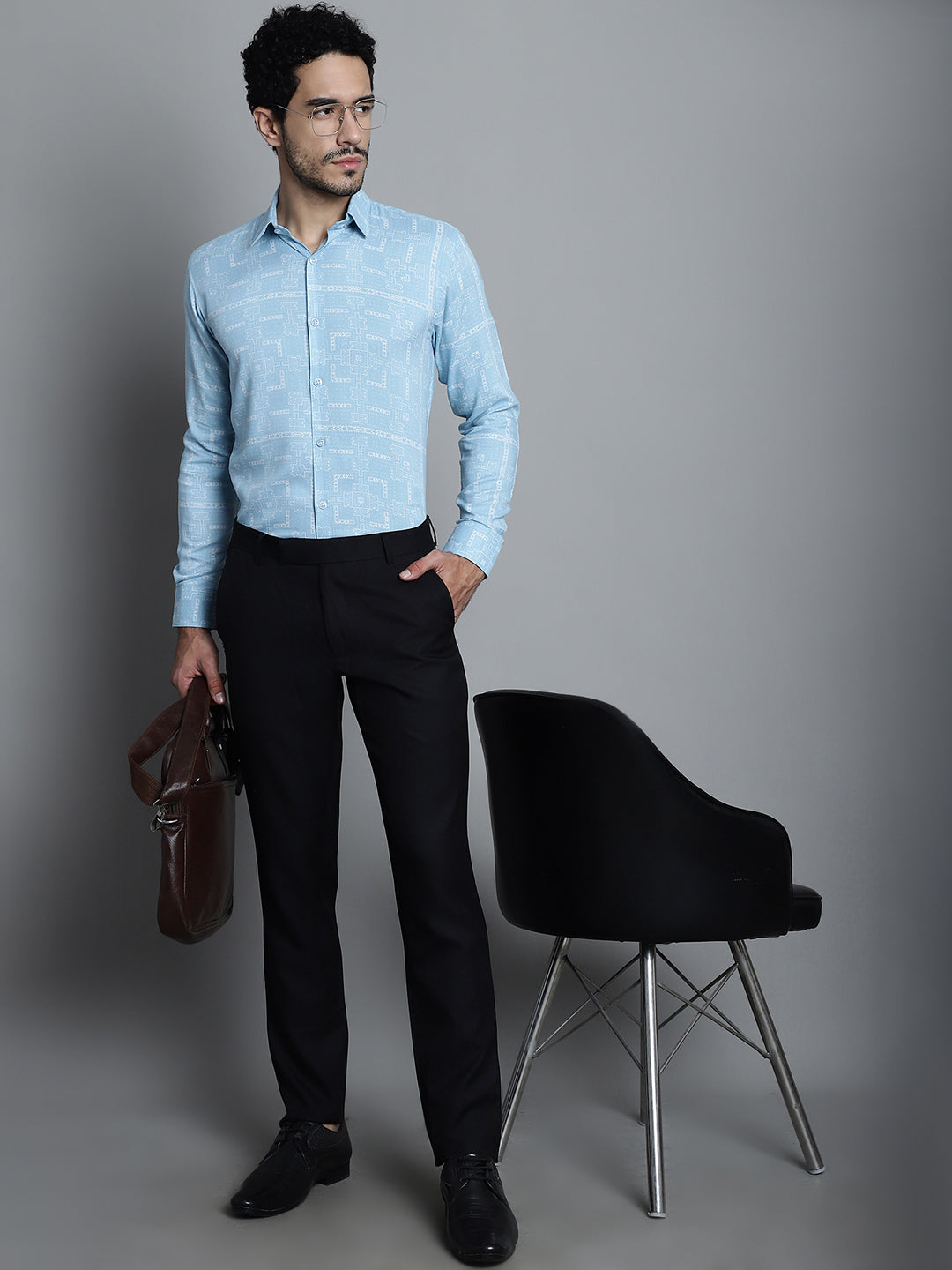 Jainish Men's Geomatric Printed Formal Shirts - Sky Blue