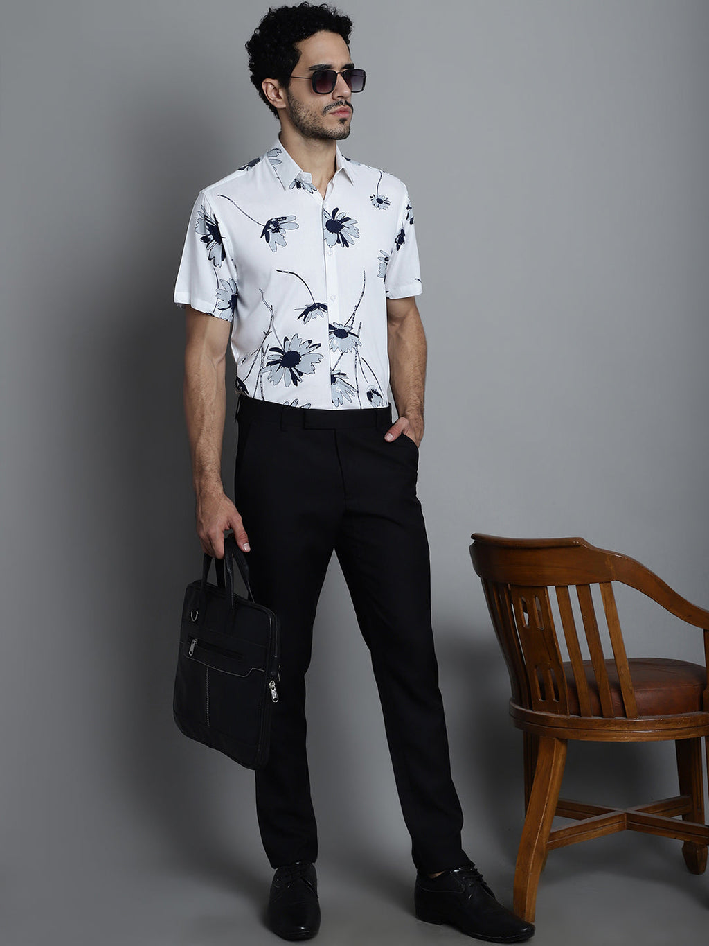 Jainish Men's Floral Printed Formal Shirts - White