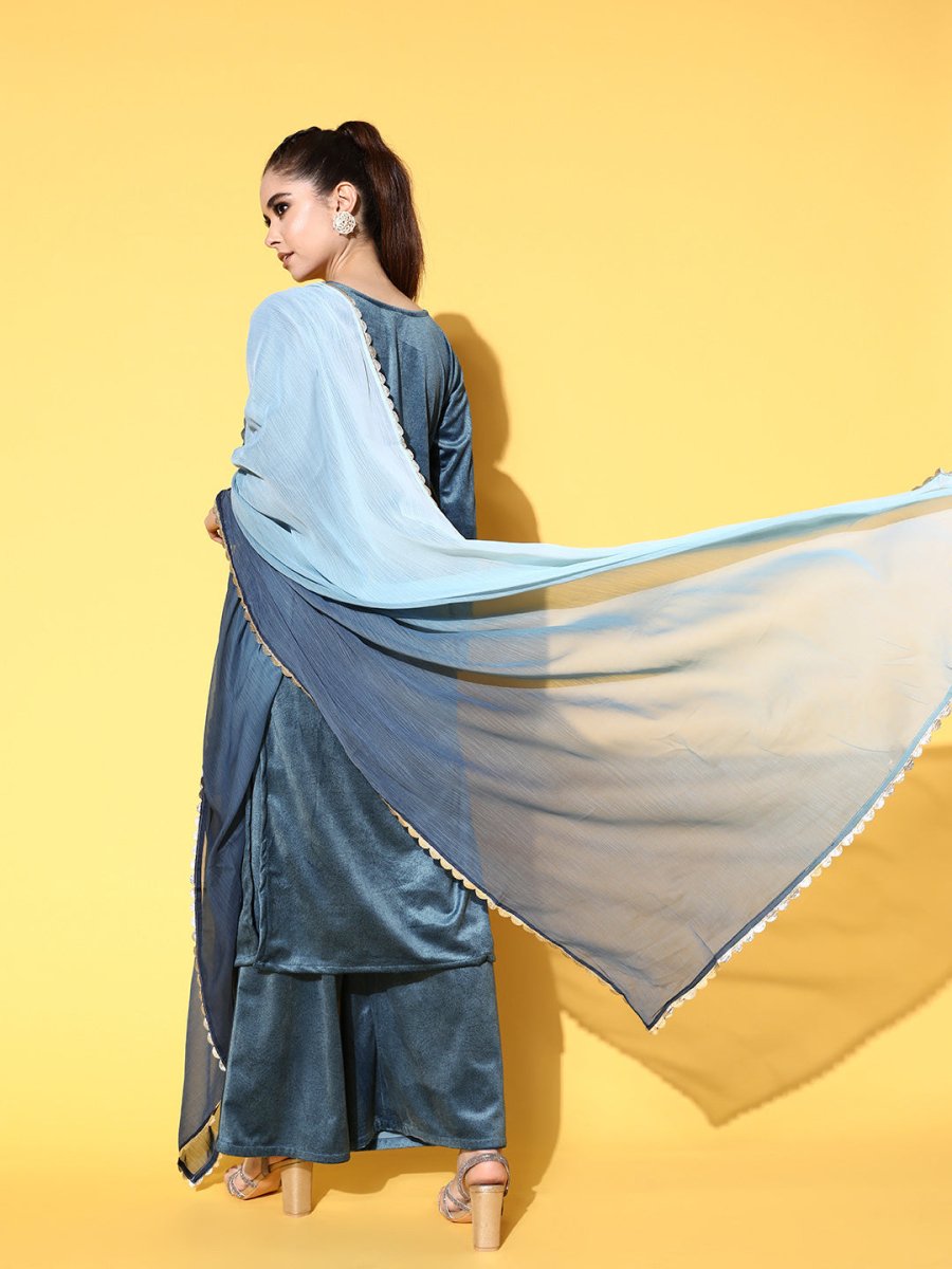 Ahalyaa Women Gotta Patti Velvet Kurta with Palazzos & With Dupatta