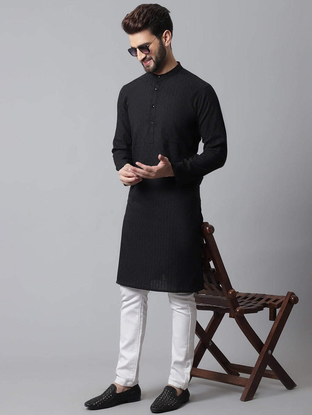 Even Apparels Black Long Kurta With Band Collar