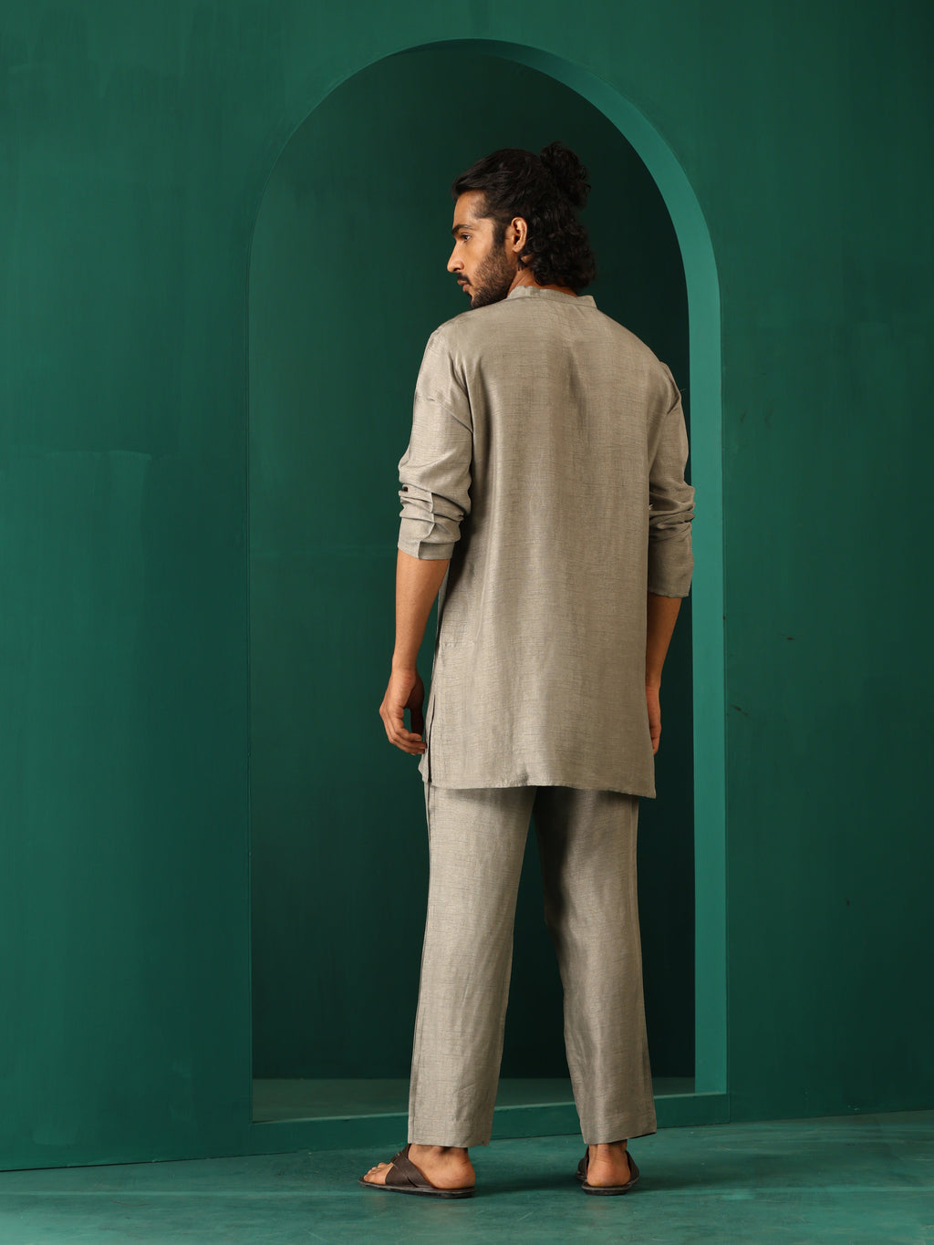 trueBrowns Men's Grey Silk Co-ord Set Yoke Detail