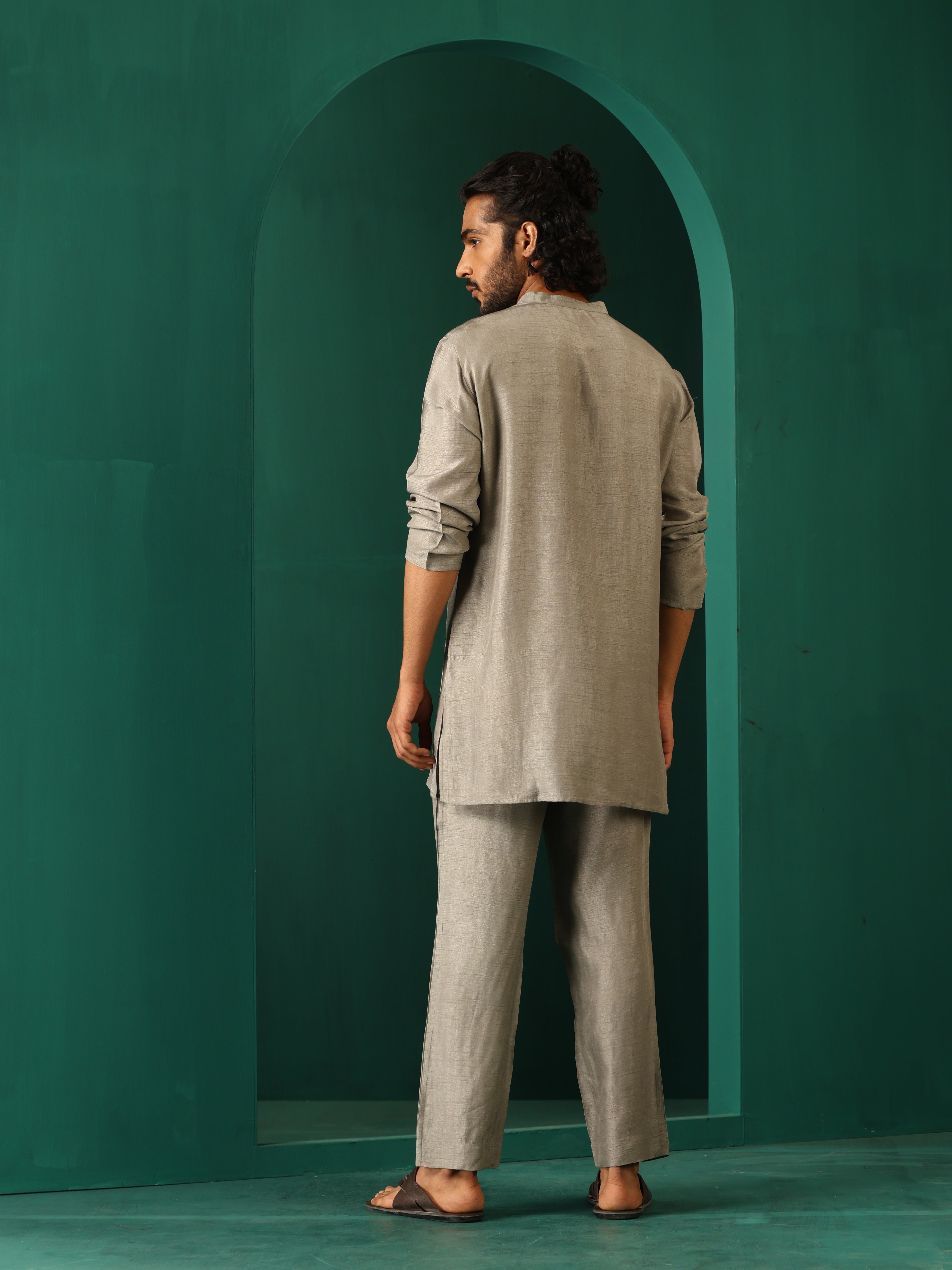 trueBrowns Men's Grey Silk Co-ord Set Yoke Detail