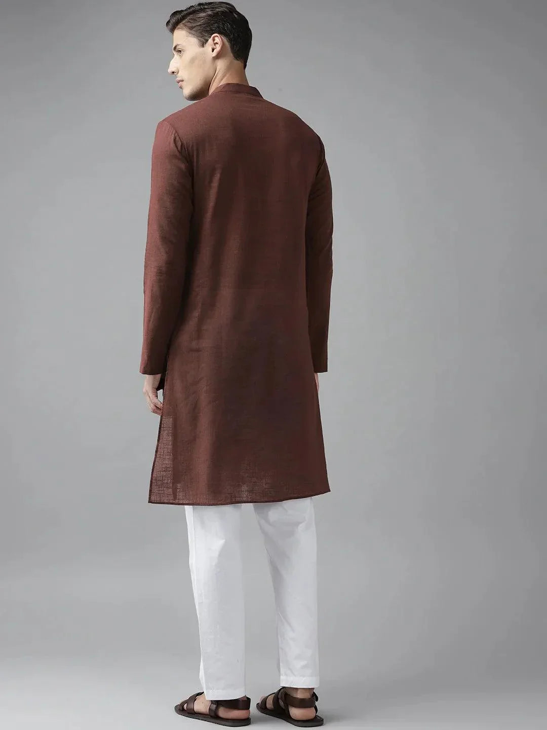 Fabmade Men Brown Cotton Linen Kurta Pyjama