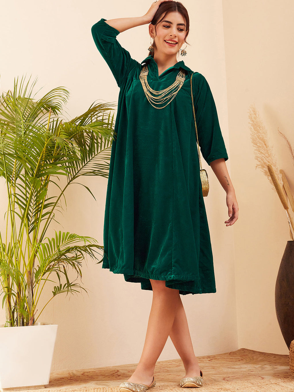 InWeave Women's Teal Velvet Collared Neck Flared Midi Dress