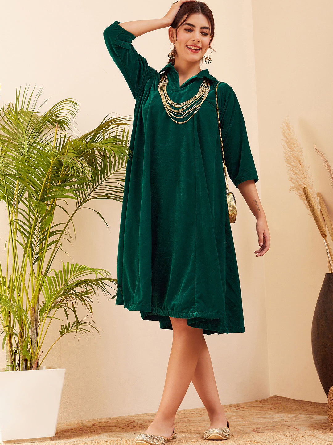 InWeave Women's Teal Velvet Collared Neck Flared Midi Dress
