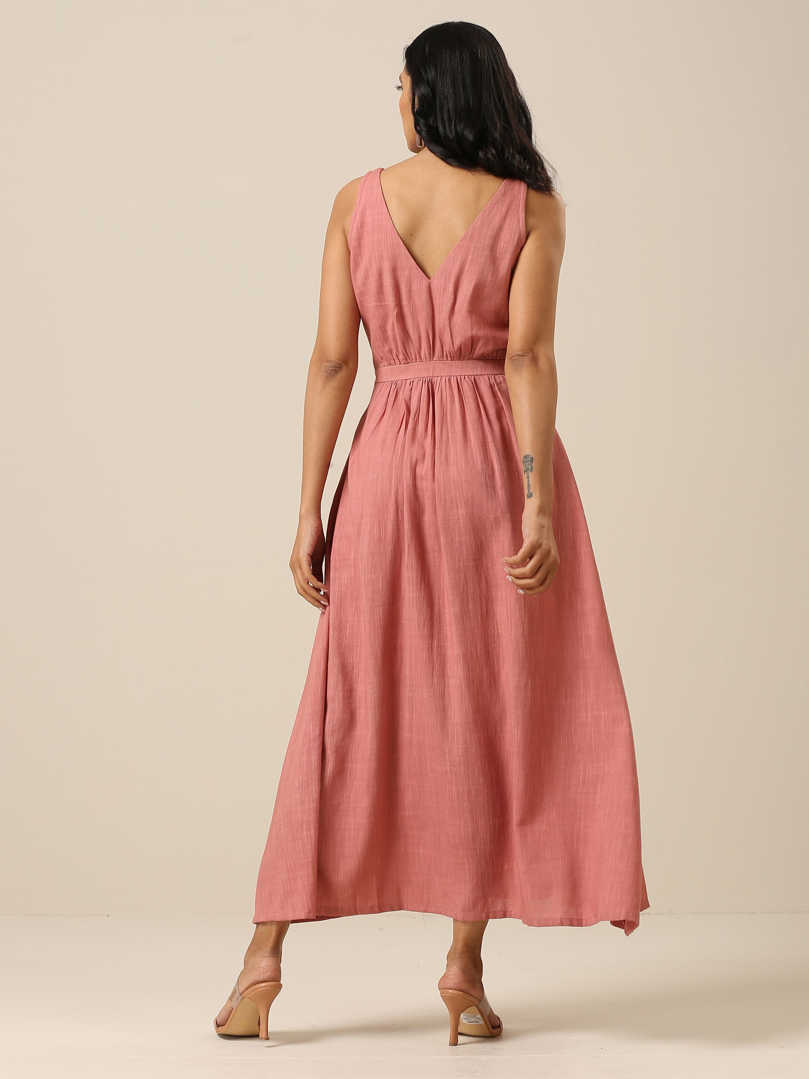 trueBrowns Light Mauve Slub Texture Sleeveless Wrap Dress