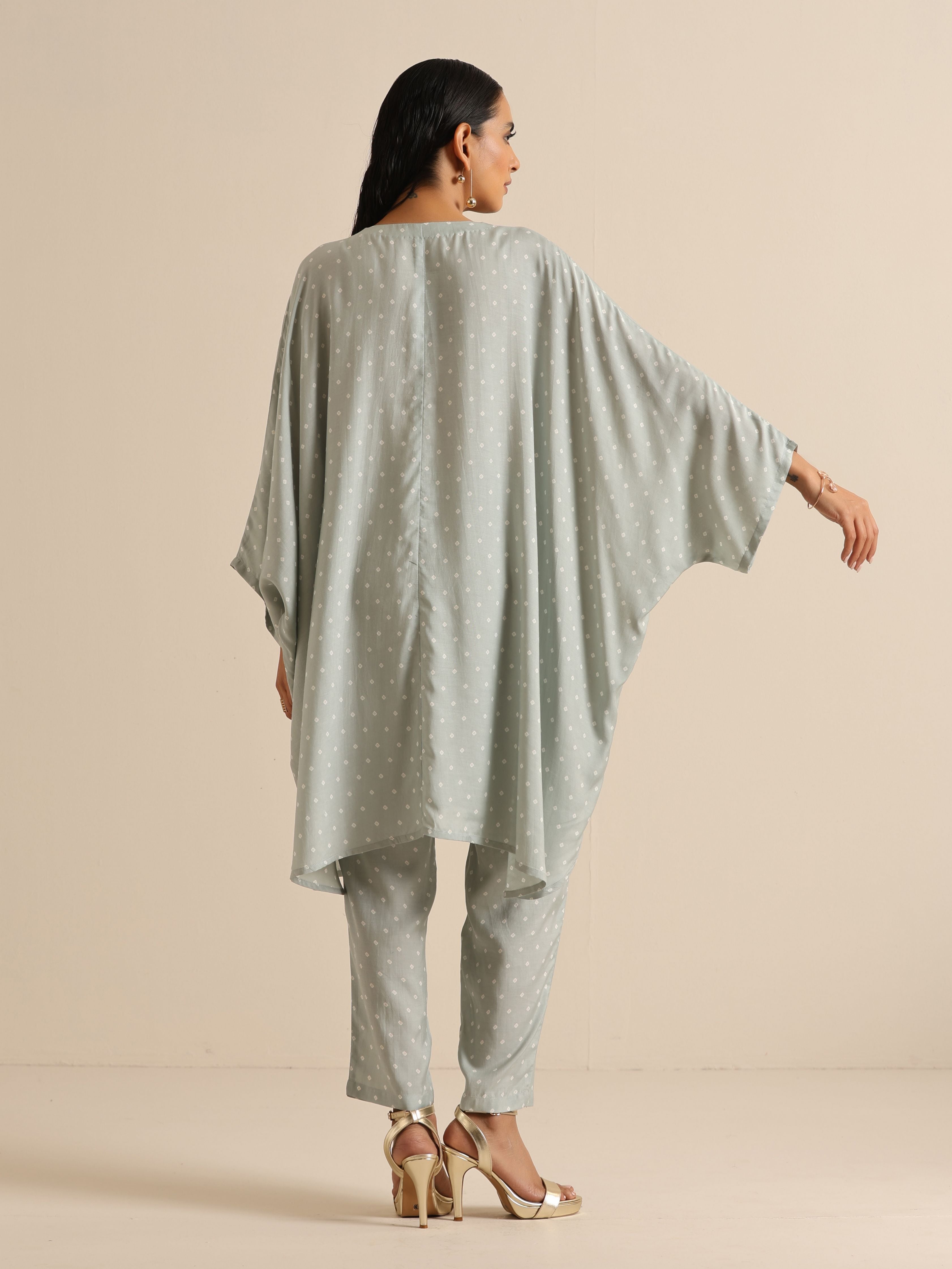 trueBrowns Grey Bandhani Printed Silk Kaftan Co-Ord Set