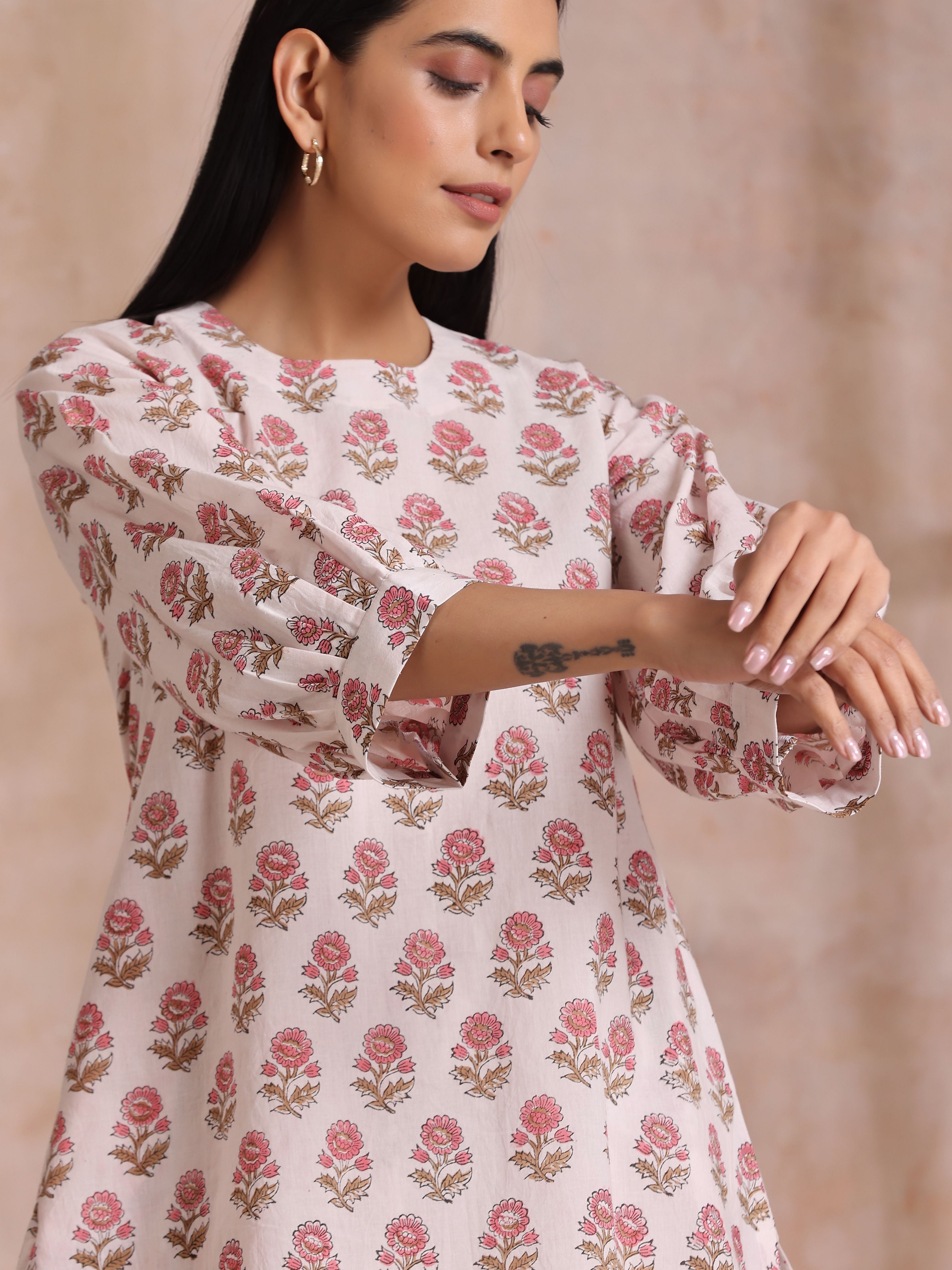 trueBrowns Pink Brown Buta On White Block Print Cotton Baggy Sleeve Co-Ord Set