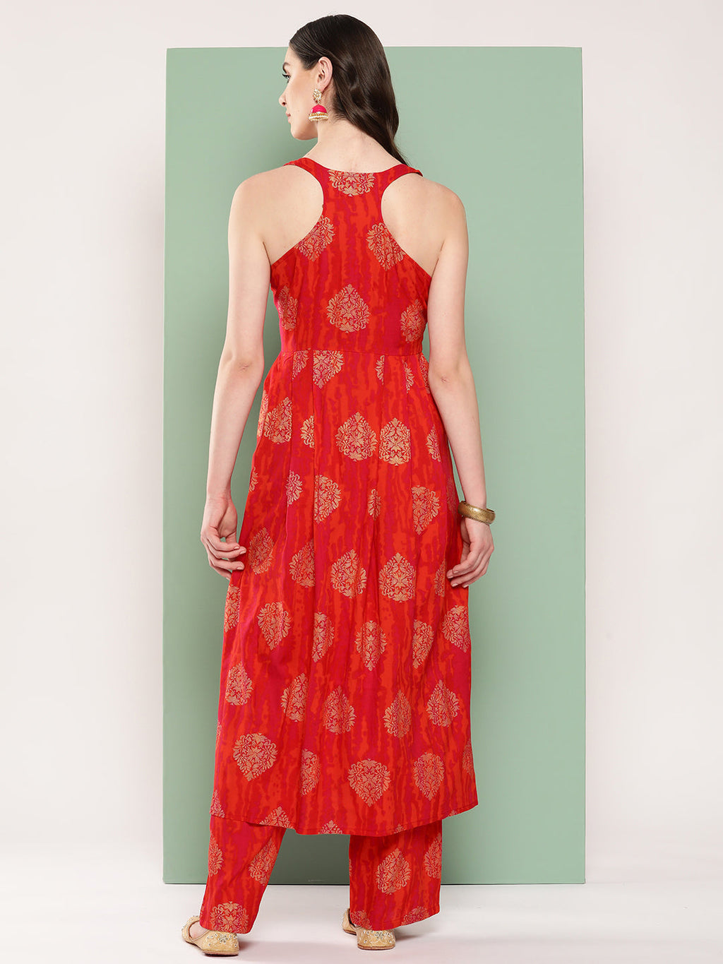 InWeave Women's Rust Mughal Print Raisa Back Detial Long Coords Set