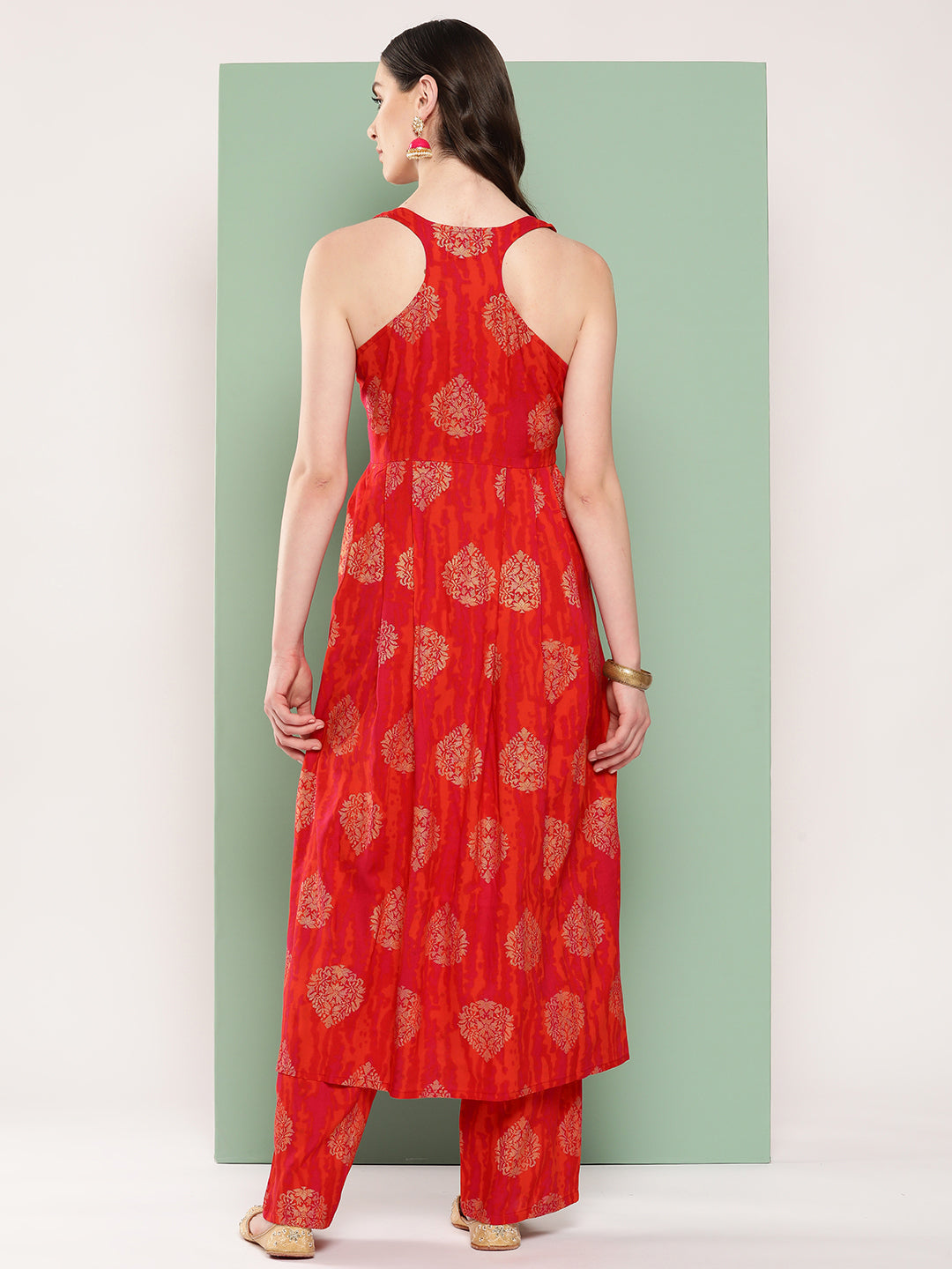 InWeave Women's Rust Mughal Print Raisa Back Detial Long Coords Set