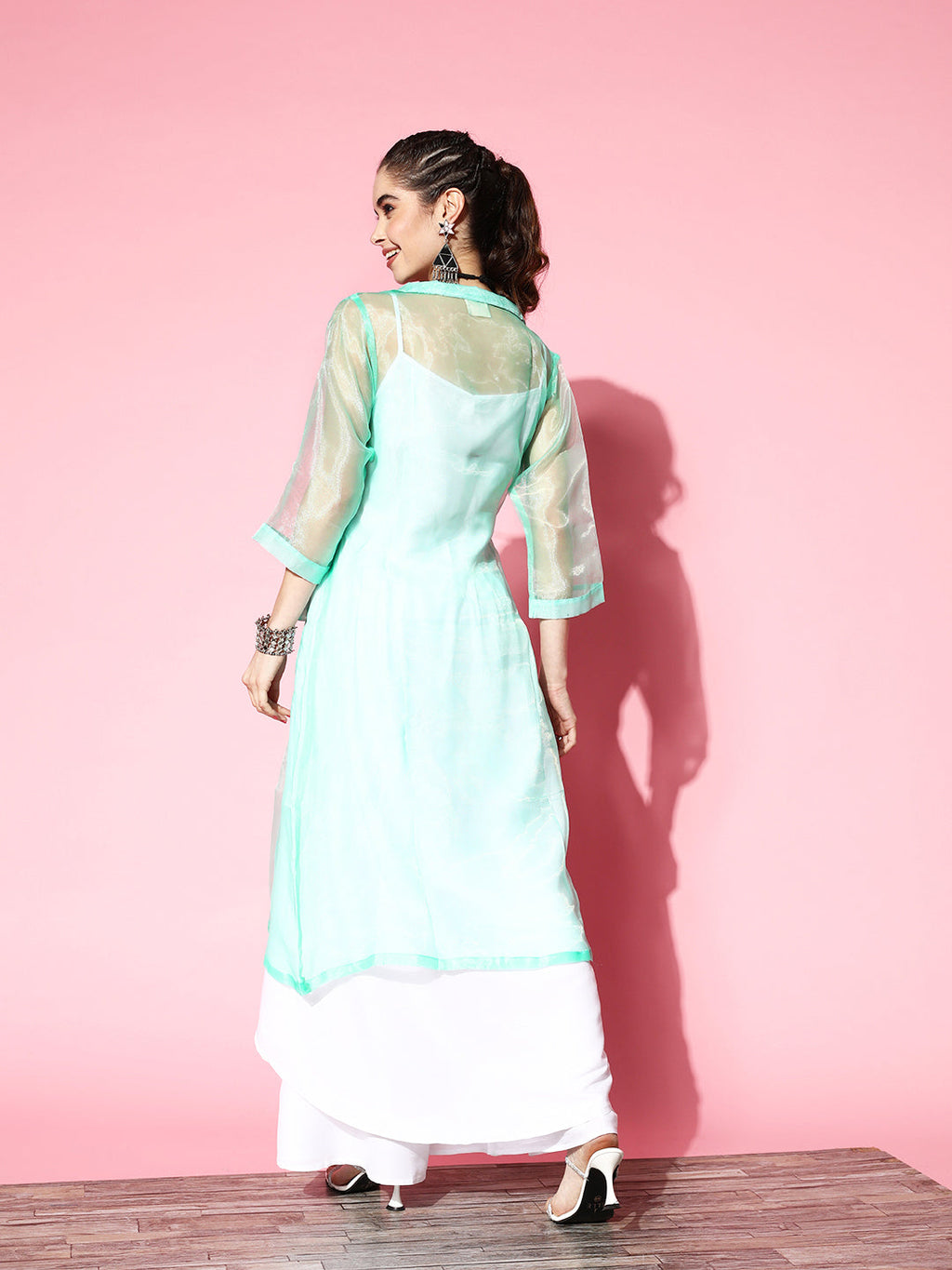 InWeave Women's Cream Strappy Kurta Set With Teal Organza Cape