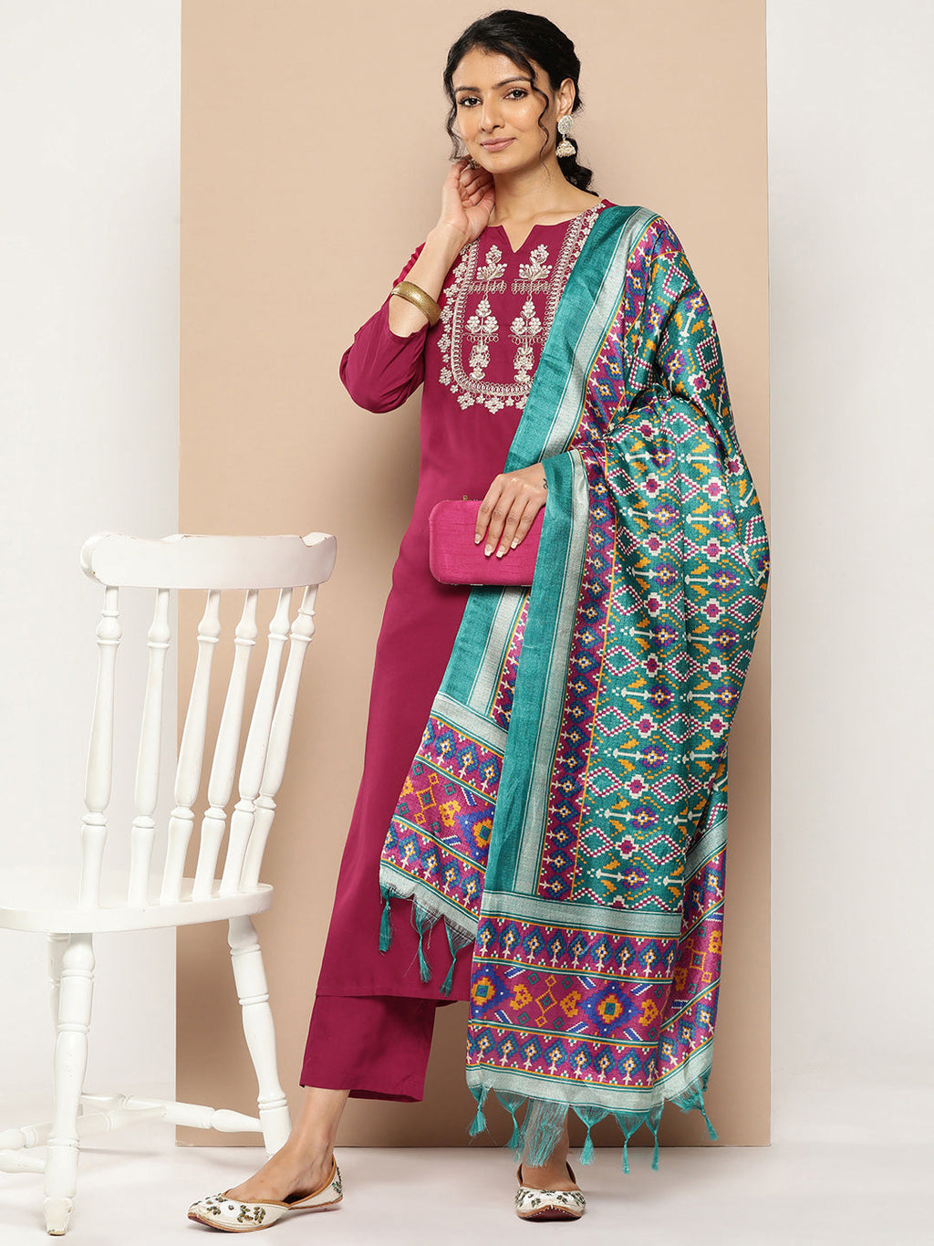 KSUT (House of Varanga) Magenta Kurta With Dori And Zari Embroidered Yoke Paired With Organza Dupatta And Straight Trouser