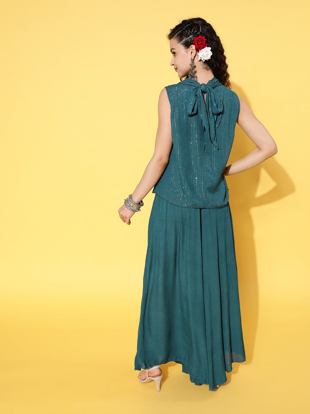 InWeave Women's Teal Lurex Top With Flared Pallazo
