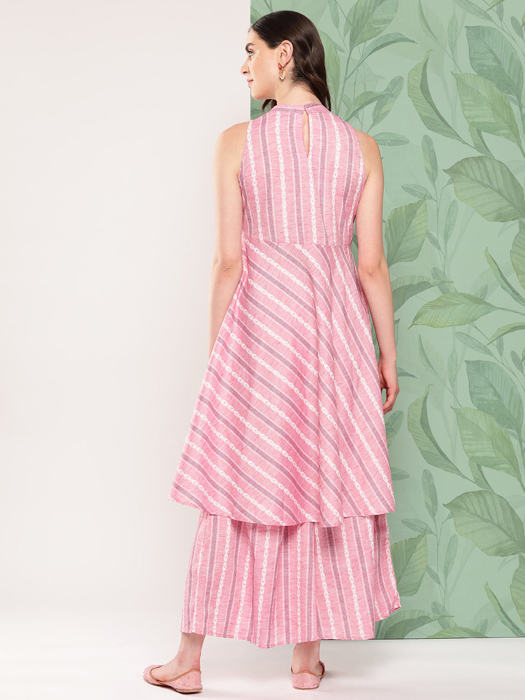 InWeave Women's Pink Kantha Striped Kurta Set