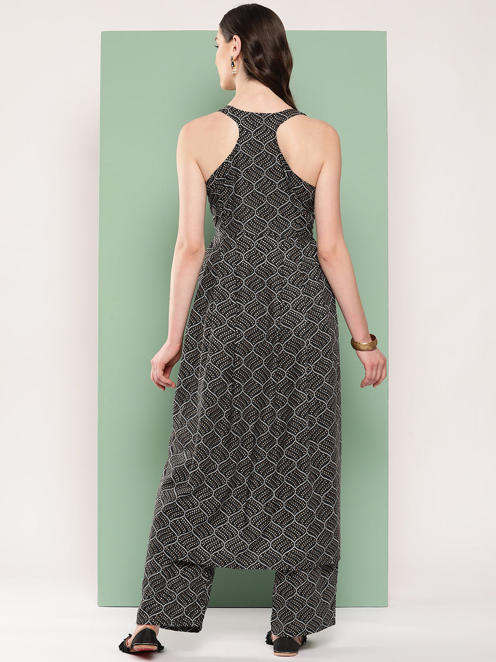 InWeave Women's Black Bandhej Print Raisa Back Detial Long Coords Set