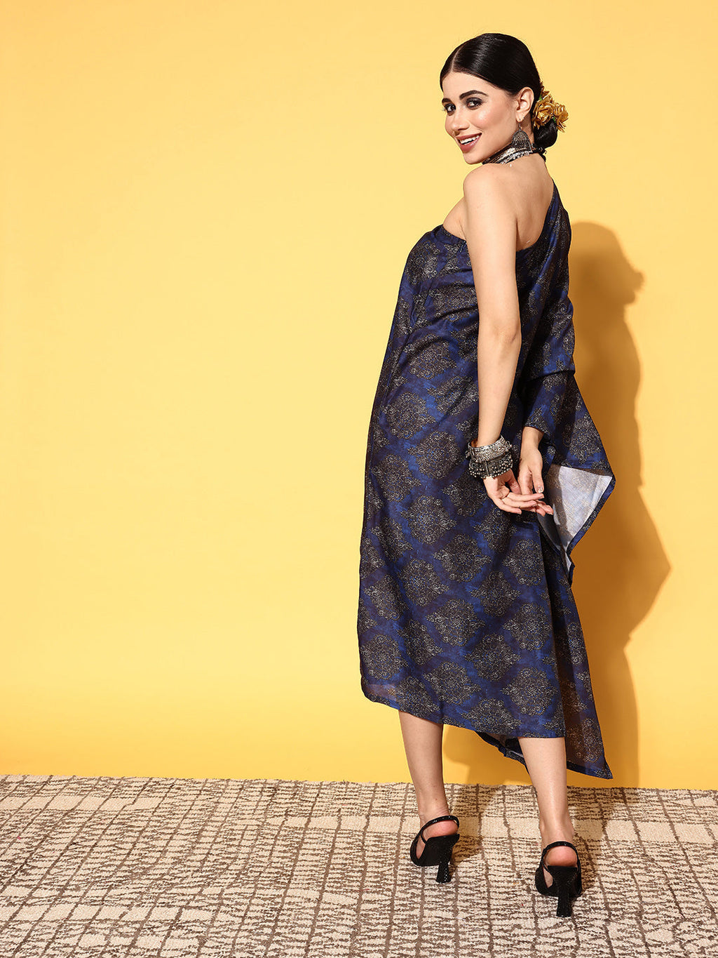 InWeave Women's Indigo Boota Print One Shoulder Kaftan Dress