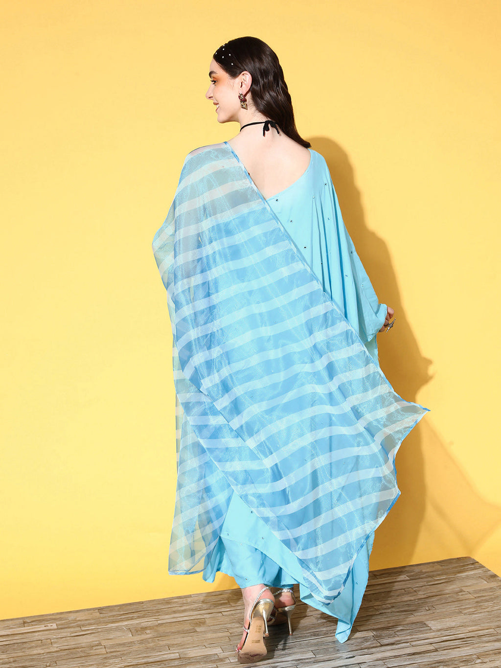 InWeave Women's Sky Blue Mirror Work One Shoulder Kurta Set With Dupatta