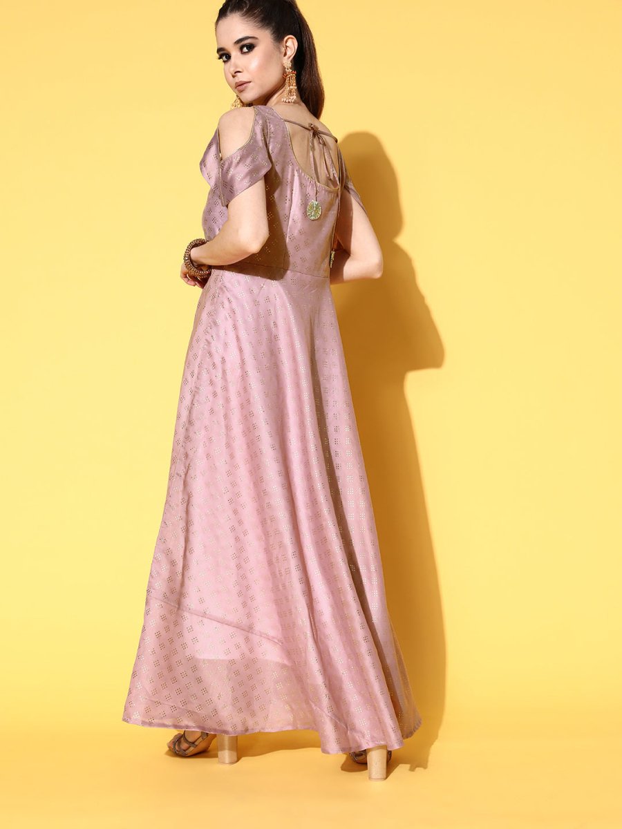 Ahalyaa Chanderi Cold-Shoulders Printed Maxi Ethnic Dress