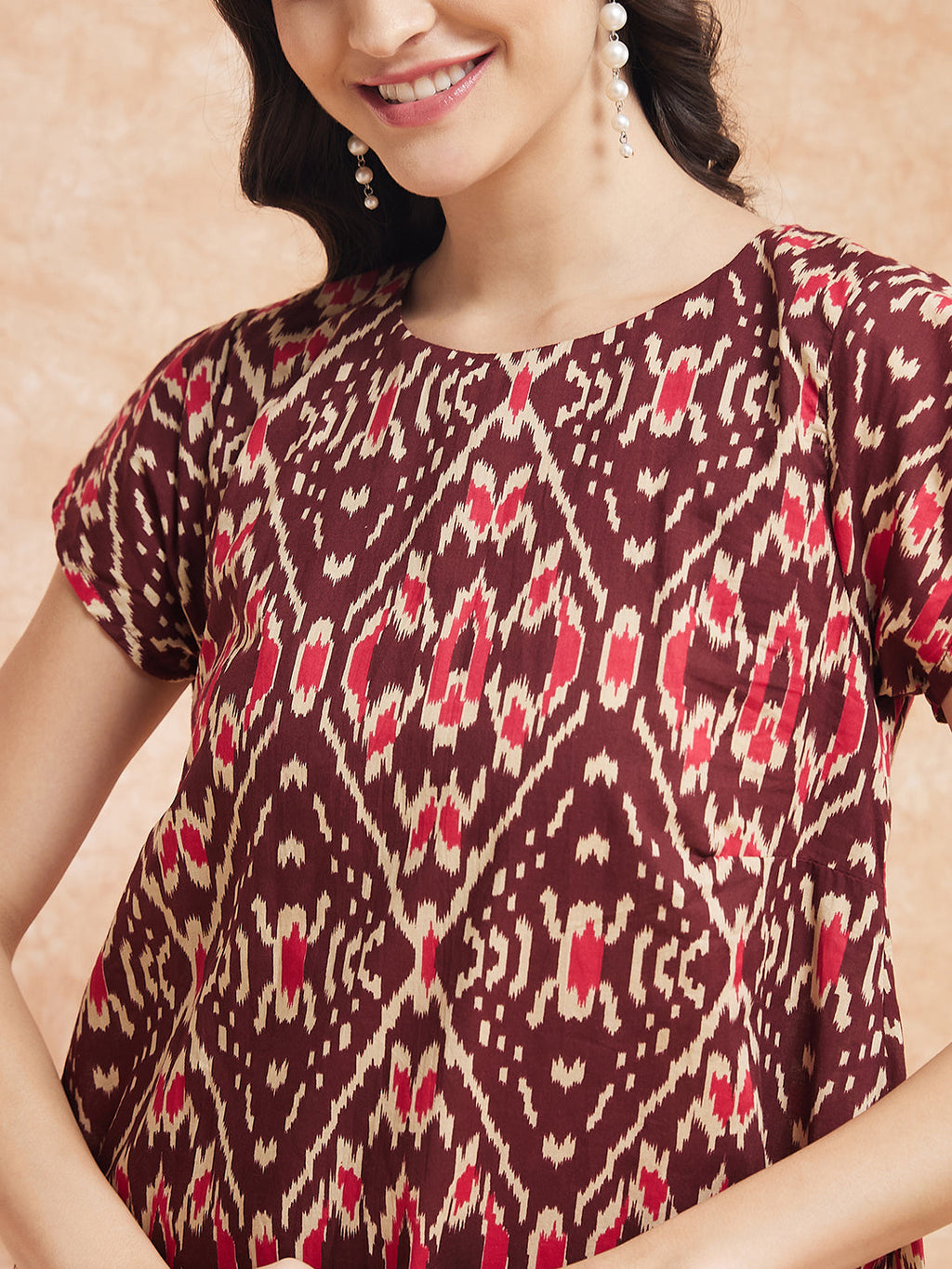 InWeave Women's Wine Ikkat Print A Line Dress