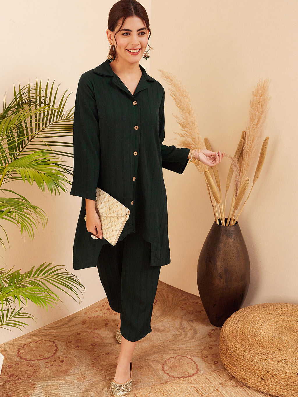 InWeave Women's Forest Green Collared Front Button Blazer Kurta Pant Set