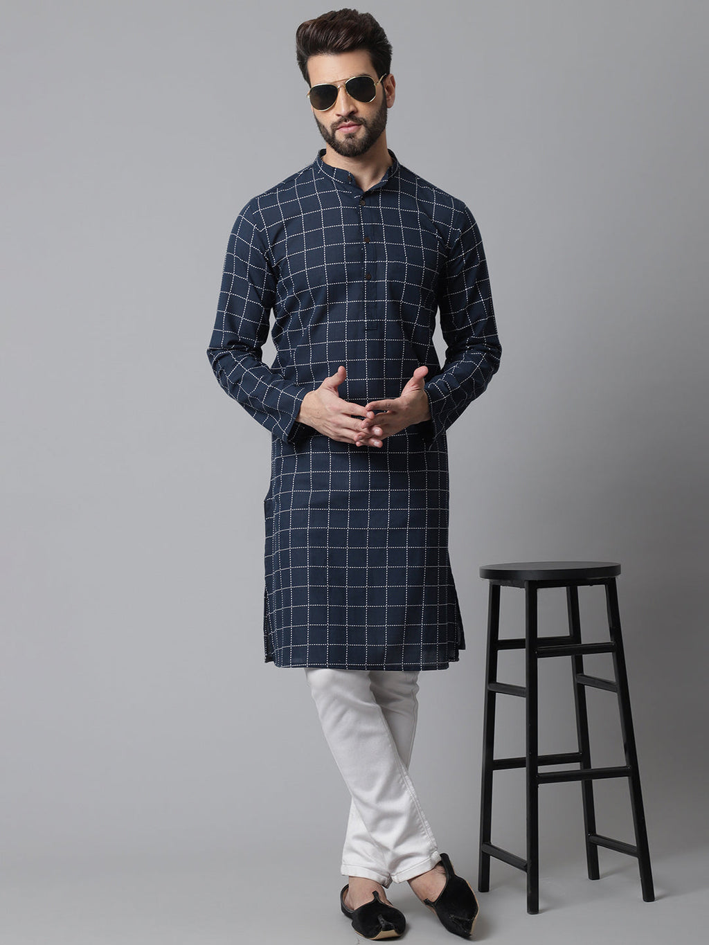 Even Apparels Blue Solid Kurta With Band Collar