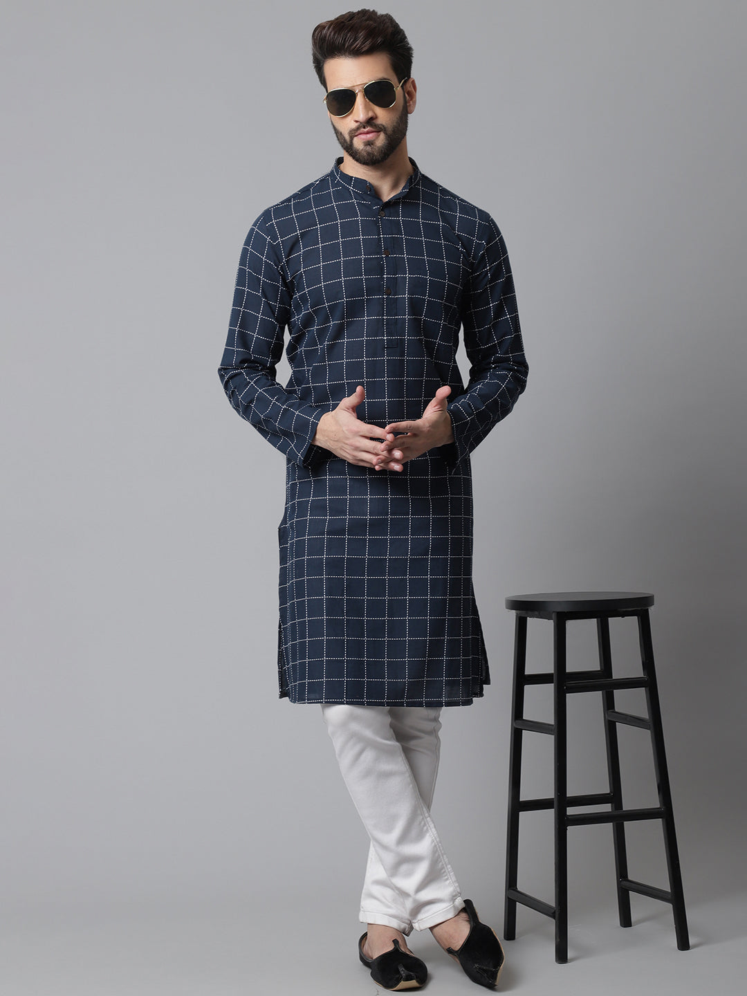 Even Apparels Blue Solid Kurta With Band Collar