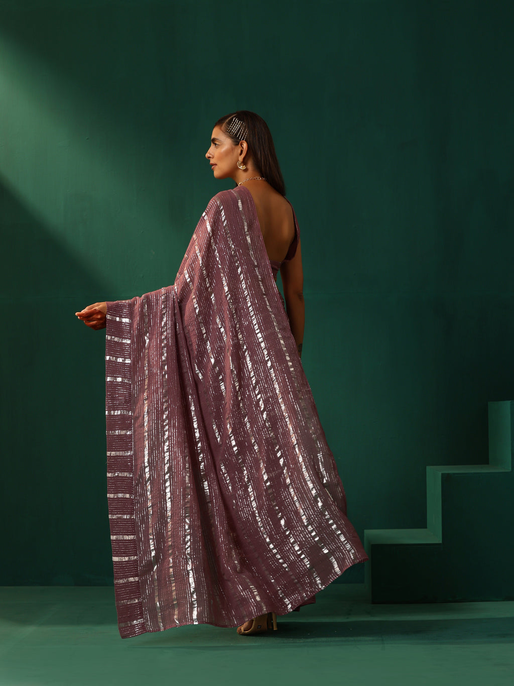 trueBrowns Mauve Cotton Silver Lurex Striped Ready to Wear Saree