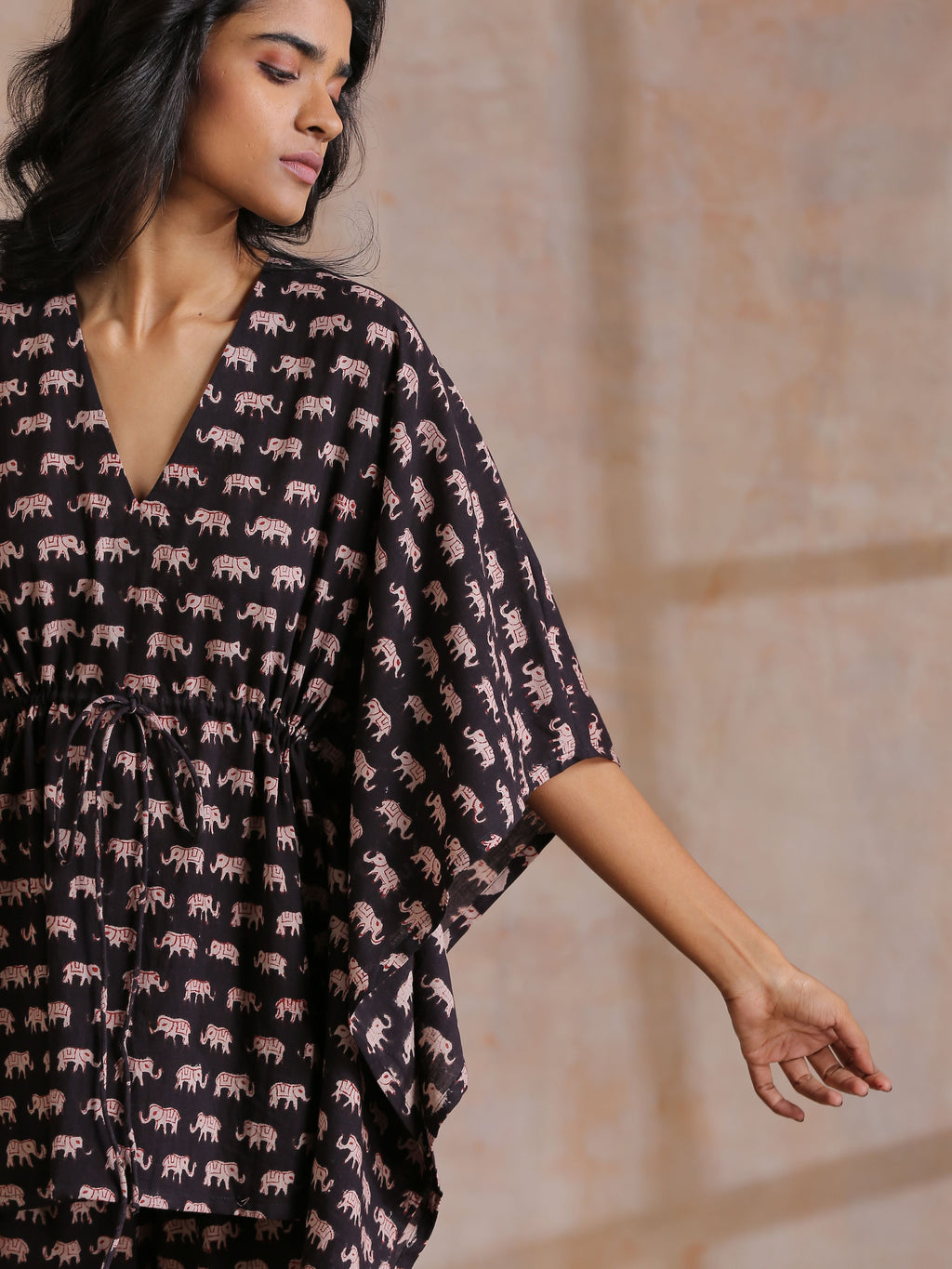 trueBrowns Black Elephant Bagru Print Cotton Kaftan Co-Ord Set