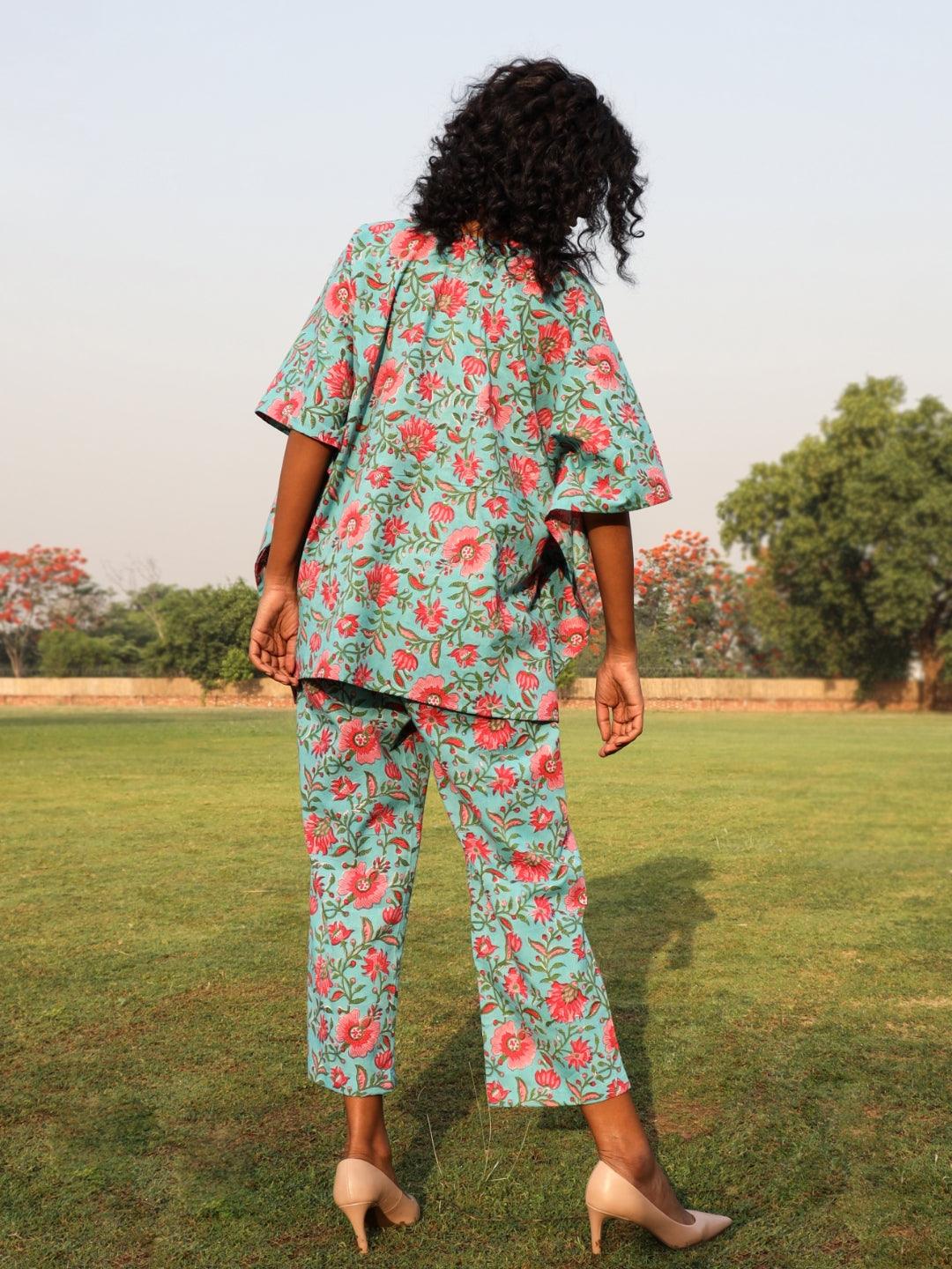 trueBrowns Aqua Cotton Block Print Kaftan Co-Ord Set