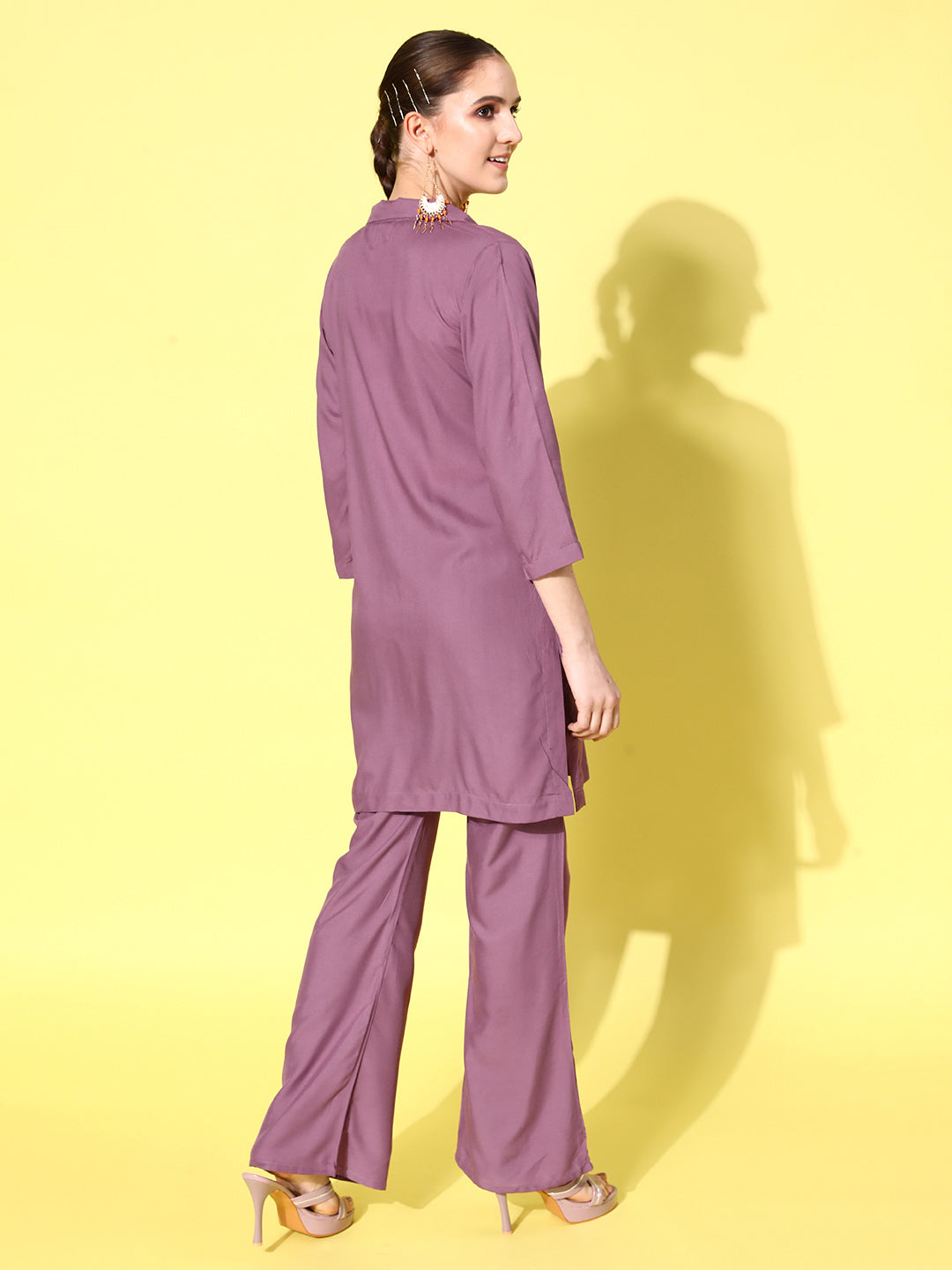 InWeave Women's Mauve Coord Set With Crepe Peach Crop Top