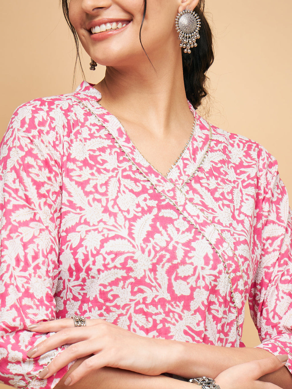 InWeave Women's Pink Foil White Print Angrakha Stright Kurta