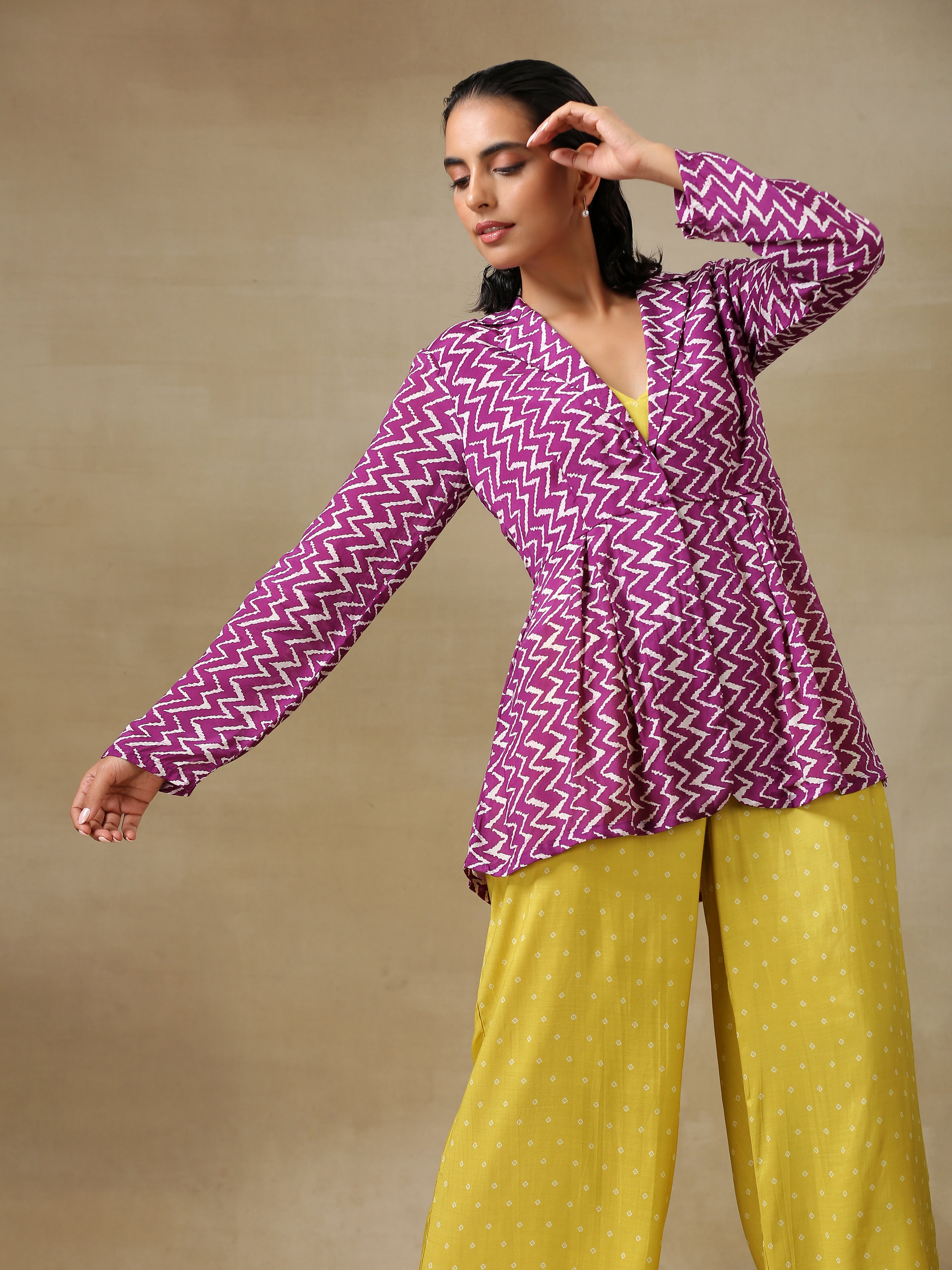trueBrowns Lime Green Bandhani Printed Silk Top Pant with Purple Printed Jacket Set