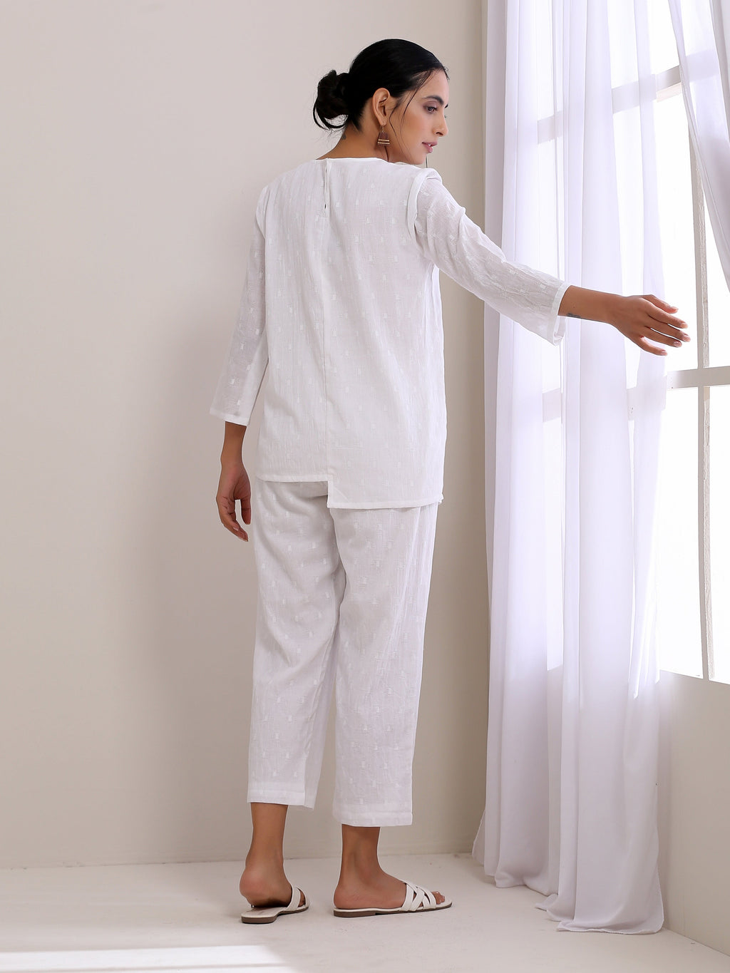trueBrowns White Dobby Short Asymmetric Co-Ord Set