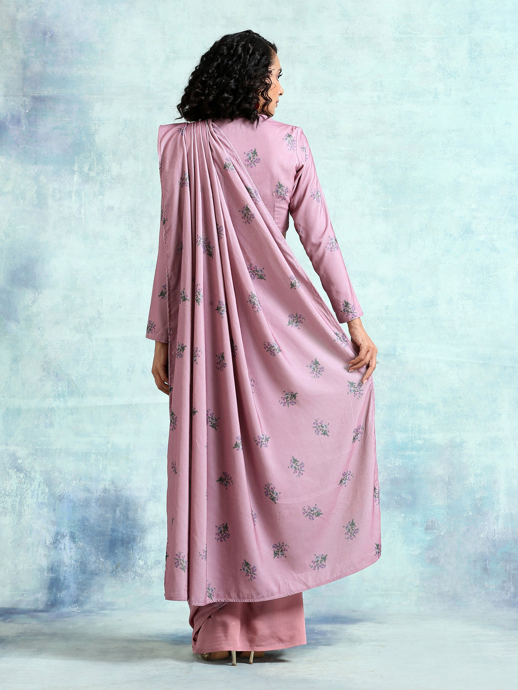 trueBrowns Light Mauve Printed Velvet Ready to Wear Saree