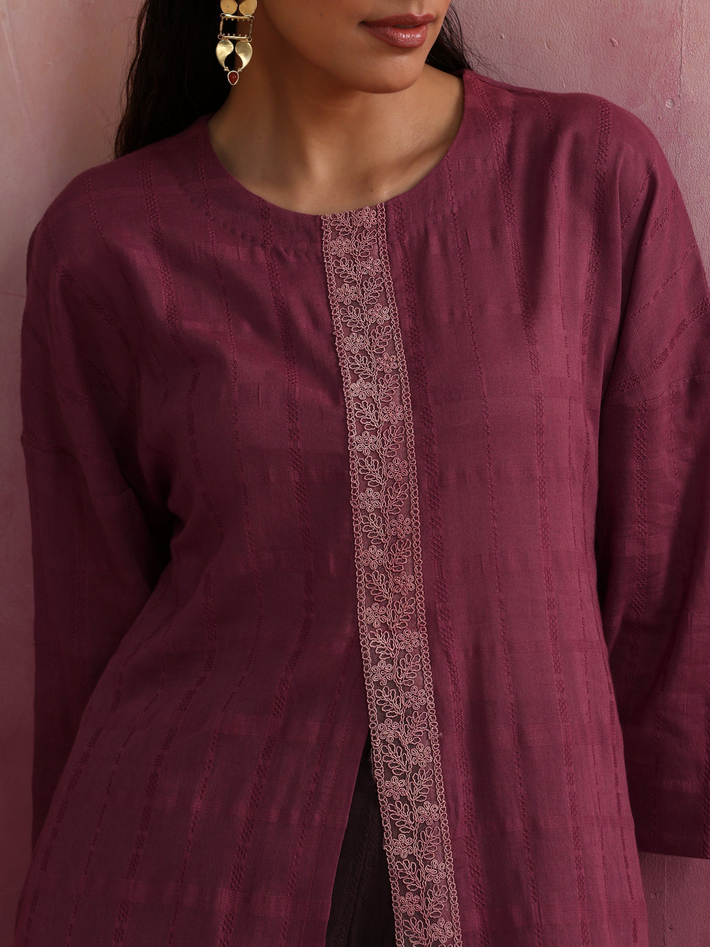 trueBrowns Mauve Cotton Dobby Front Slit Kurta Set