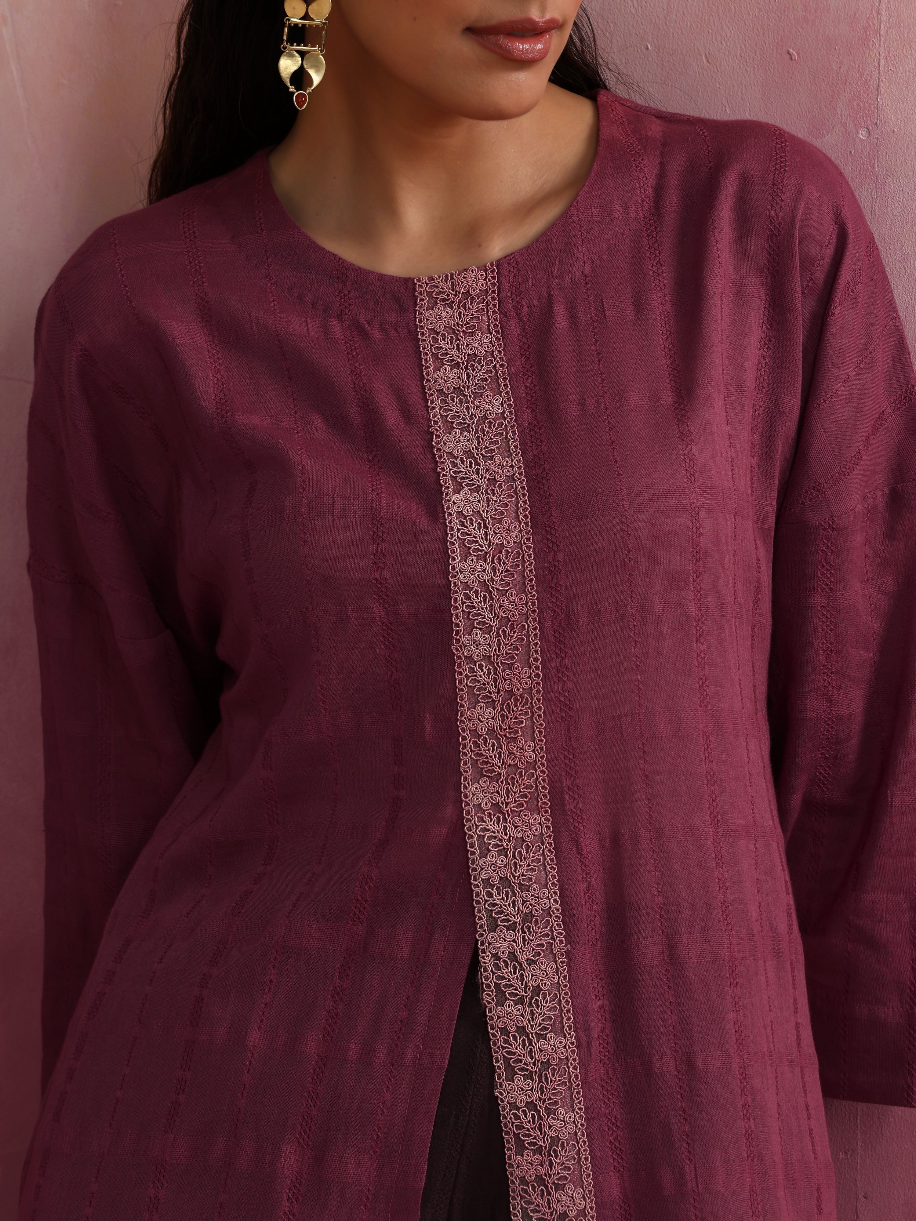trueBrowns Mauve Cotton Dobby Front Slit Kurta Set
