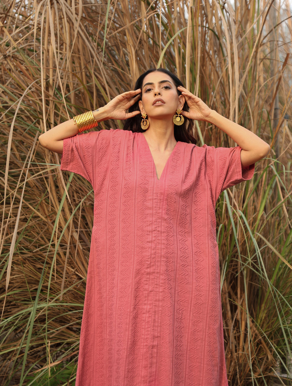 trueBrowns Coral Cotton Dobby Front Slit Dress