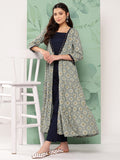 InWeave Women's Navy Top Bottom W Grey Bandhej Long Shrug Set