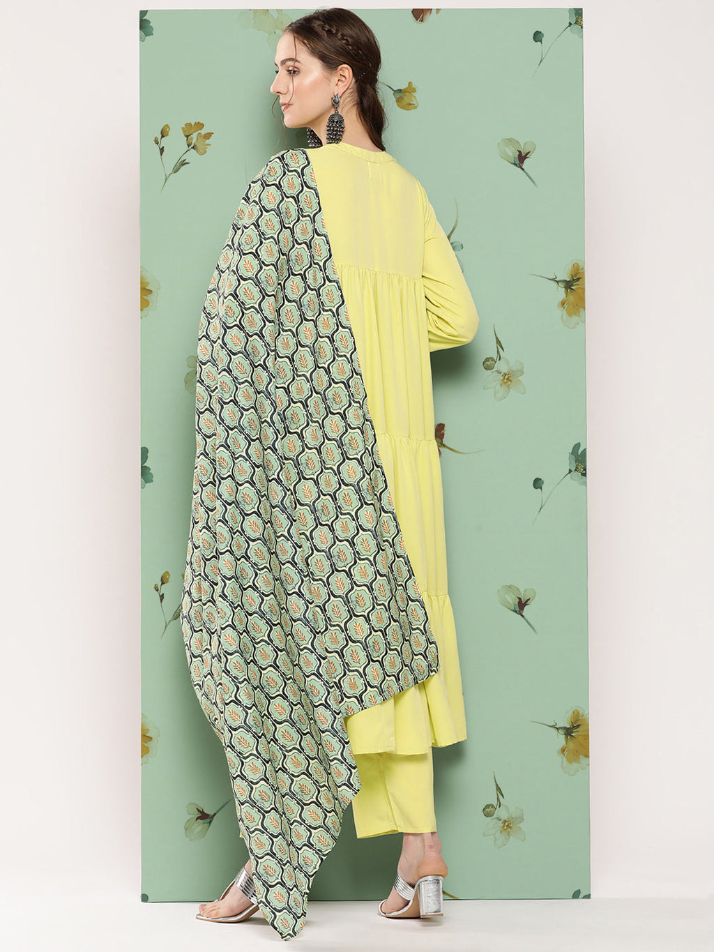 InWeave Women's Lime Green Flared Kurta Set W Green Print Cr Dupatta