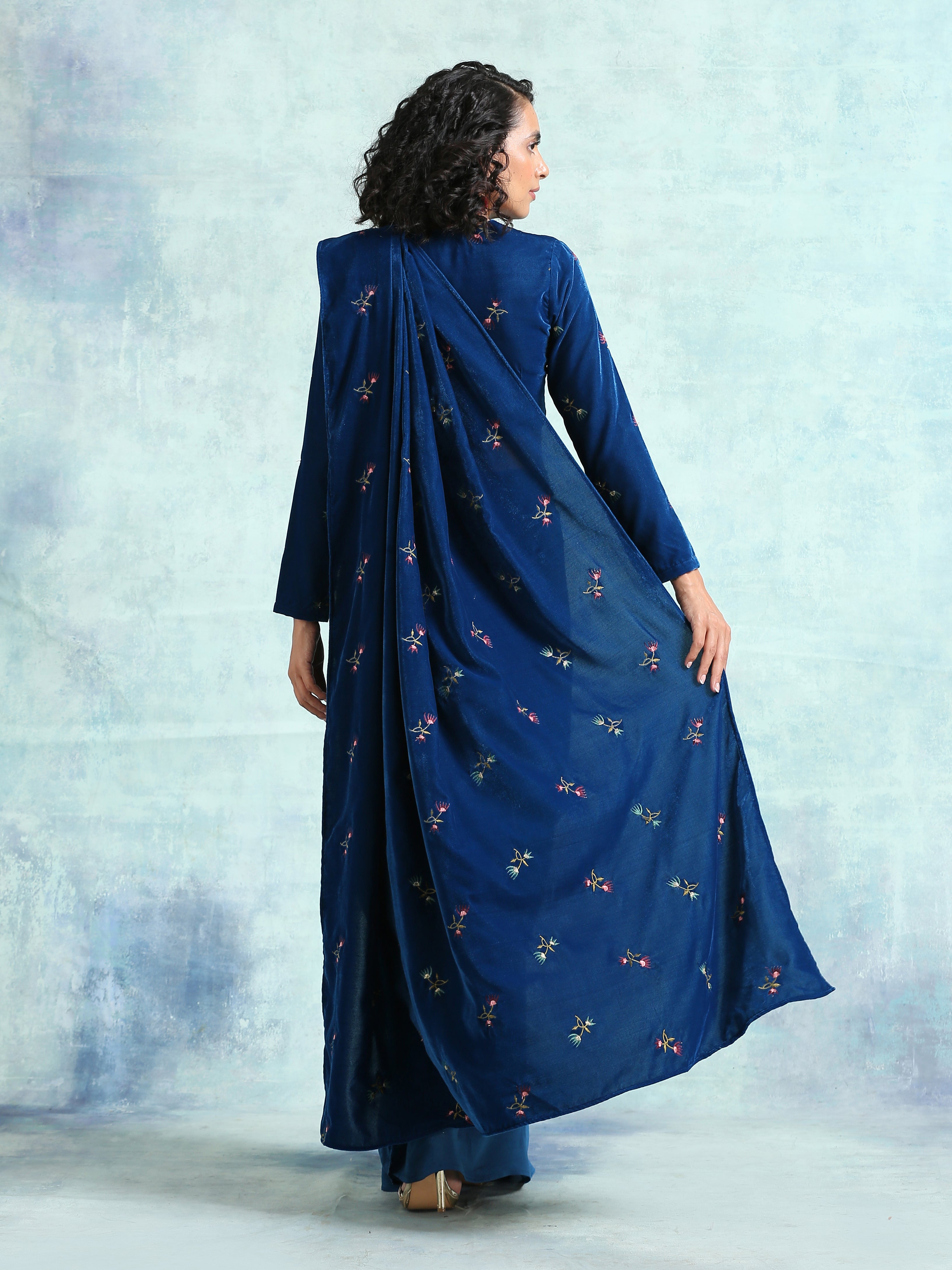 trueBrowns Blue Embroidered Velvet Ready to Wear Saree
