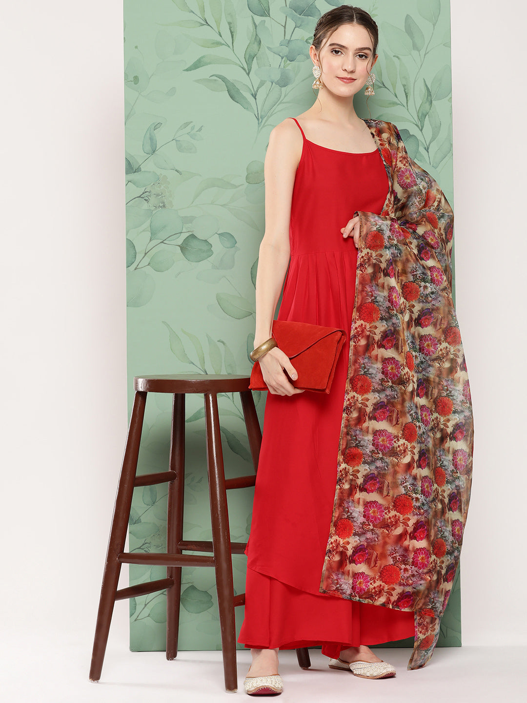 InWeave Women's Red Strappy Set W Camel Brown Or Duptta