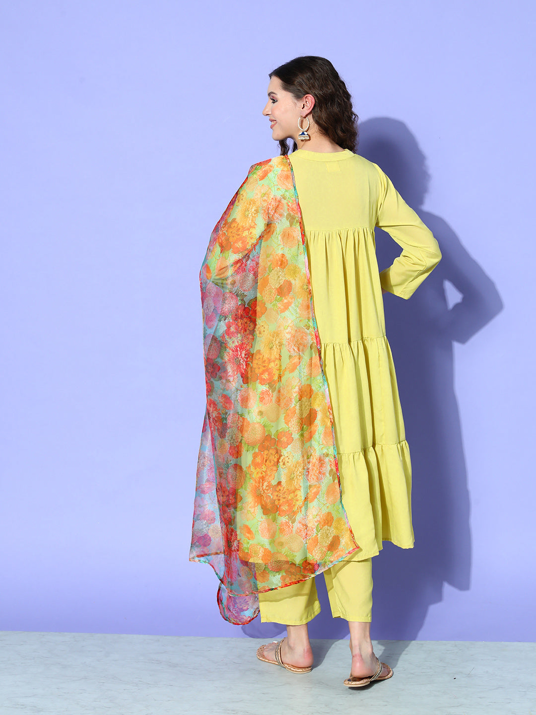 InWeave Women's Lime Green Flared Kurta Set With Green Organza Dupatta