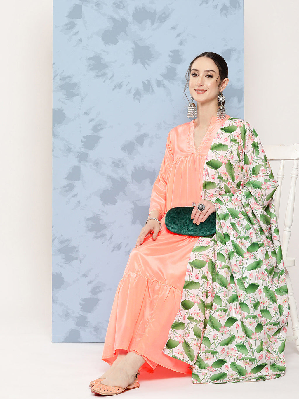 InWeave Women's Peach Tiered Kurta Set With White Pink Lotus Cr Dupatta