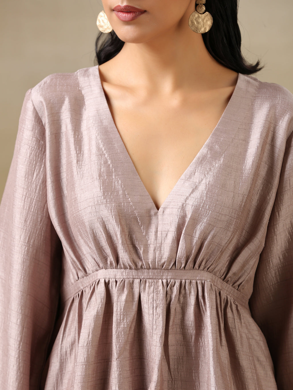 trueBrowns Grey Textured Silk Deep V-Neck Co-Ord Set