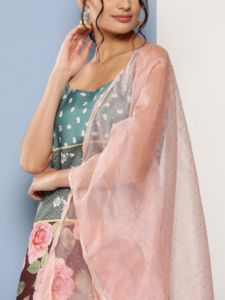 Ahalyaa Women Green Floral Printed Gotta Patti Kurta with Sharara & With Dupatta