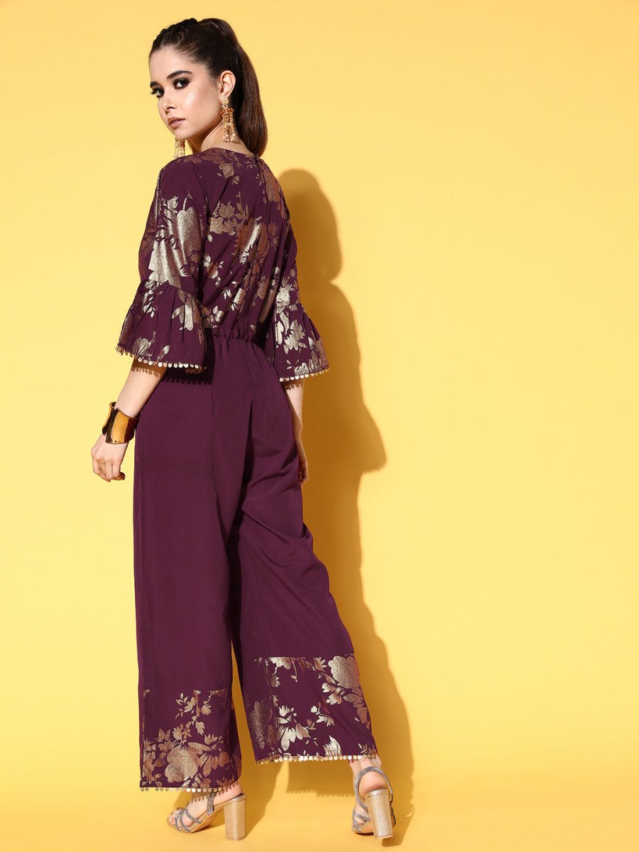 Ahalyaa Burgundy & Gold-Toned Bell Sleeves Printed Ethnic Jumpsuit With Waist Tie-Ups